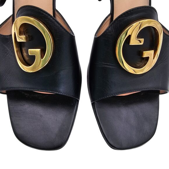Gucci GG Blondie Heel Sandal Size 40.5 US 10.5 Black Leather Square Open Toe - Picture 11 of 12